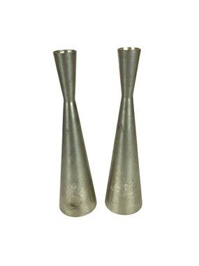 Selangor Pewter Pair Of Vintage Hand-Etched Candle Holders With Tropical Design